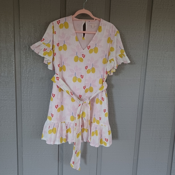 Pink Chicken Lemon Print Halsey Mini Dress Size S Women Tie Waist Metallic - Picture 1 of 13